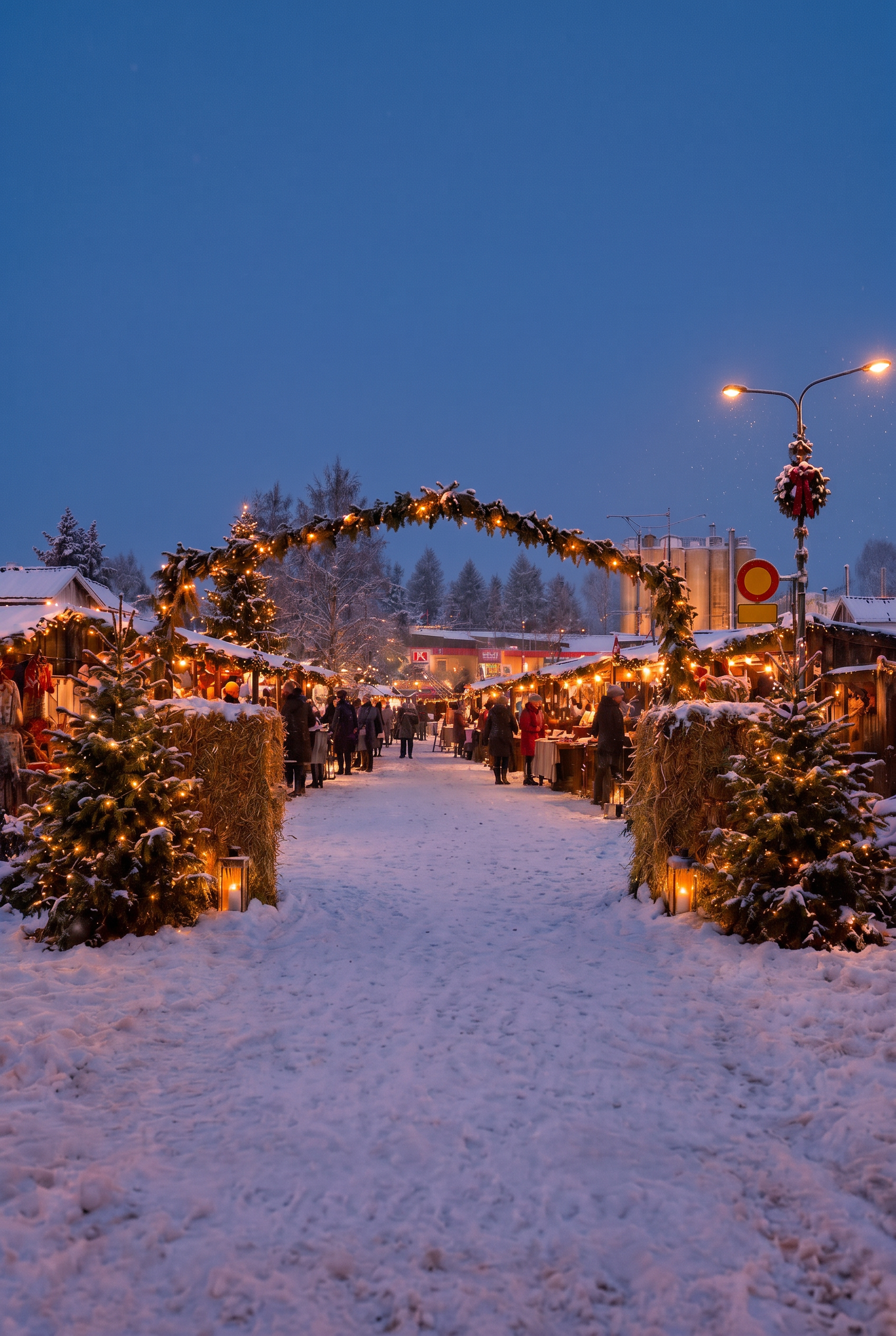 Snötäckt marknadsplats med ljusslingor och julmarknadsbodar i skymningen